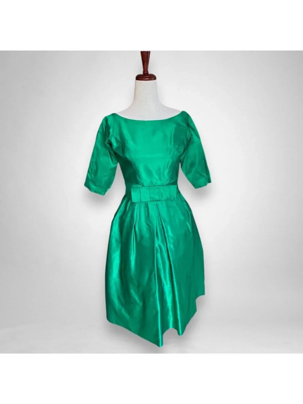 Vtg Lorrie Deb San Francisco Emerald Green Satin Cocktail Dress XS 1950s - Picture 2 of 9